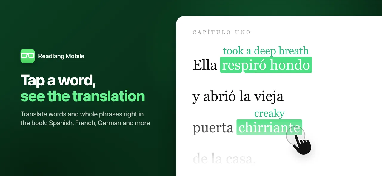 Readlang Mobile: tap a word, see the translation. A Spanish sentence with English translations above the tapped words