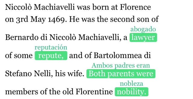 Readlang Mobile reading screen: an English text with Spanish translations shown above the tapped words